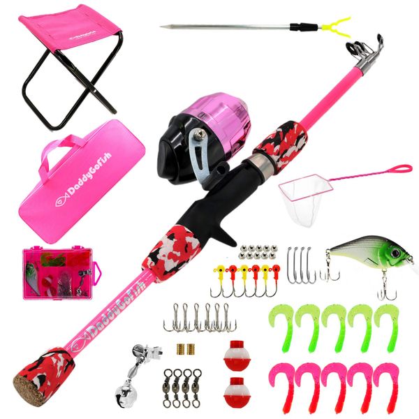 DaddyGoFish Kids Fishing Pole – Telescopic Rod & Reel Combo with Collapsible Chair, Rod Holder, Tackle Box, Bait Net and Carry Bag for Boys and Girls (Pink, 4ft)