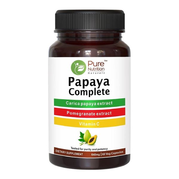 Pure Nutrition Papaya Complete - 60 Veg Capsules (Supports Platelet Immunity & Digestion) Each Capsule Contains 500mg Carica Papaya Fruit and Leaf Extract. Non-GMO | Gluten-Free