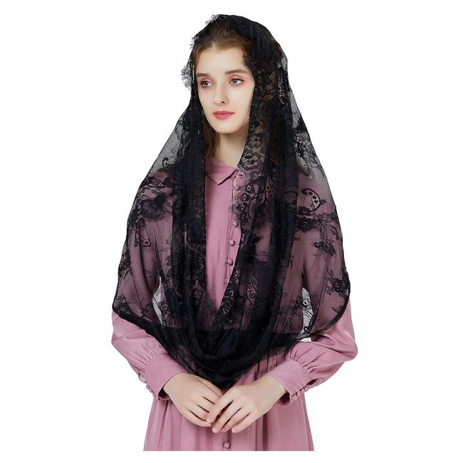 Infinity Chapel Veil Catholic Church Mantilla Eyelash Lace Embroidered Black Elegant Head Cover V101