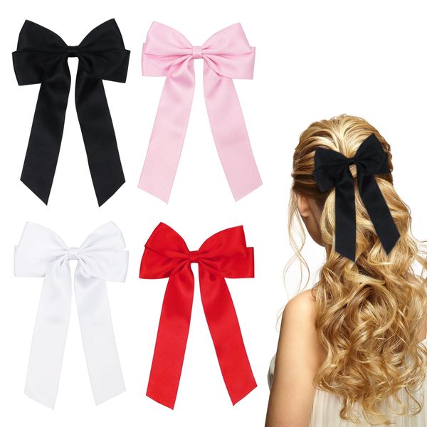 4 Pack Hair Bows Hair Clips Satin Bows for Hair, Black Bow Hair Clips Hair Accessories for Girls and Women(4 Colors-01)