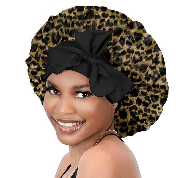 BONNET QUEEN Satin Hair Bonnet for Sleeping Silk Head Cover with Tie Band Hair Wrap Silk Sleep Cap for Curly Long Braid Tresse, Leopard