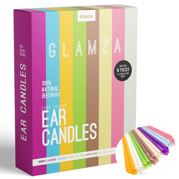 Ear Candles GLAMZA Premium Hopi Ear Candles for Blocked Ears - All Natural Ear Wax Remover 100% Organic Ear Wax Candles - 8 Pairs of Beeswax Candles & 8 Discs for Safe, Effective Hopi Ear Candling