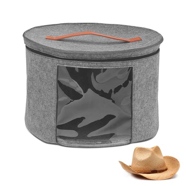 DYOUen Hat Boxes Hat Storage Box Felt Round Hat Box Foldable with Carry Handle and Clear Window for Wardrobe Organization, Travel,Dustproof (grey)