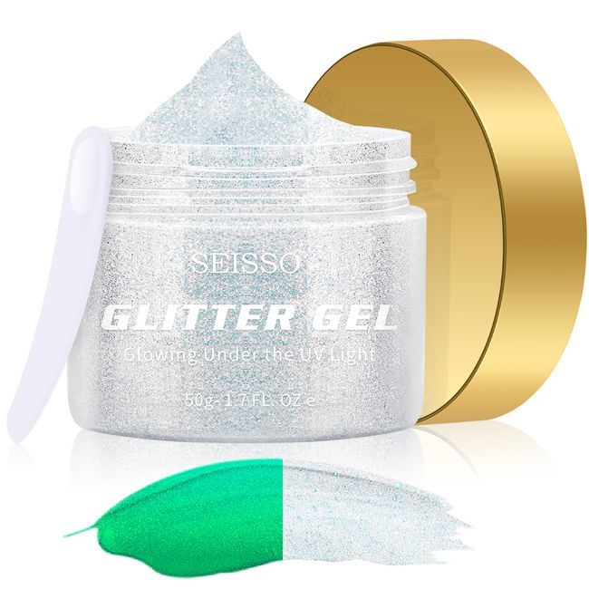 SEISSO White Body Glitter Gel, Glow in The Dark Glitter for Body, Face, Hair and Lip, Self-Adhesive Glitter Makeup Long Lasting for Carnival Party Halloween Music Festival Rave