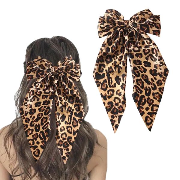 Cheetah Bow, Leopard Bow, Cheetah Accessories, Hair Bows For Women Big Bow Hair Clips With Long Tail Hair Ribbon Satin Leopard Hair Bow Barrette For Women And Girls Ponytail Hair Accessories(Brown) ﻿