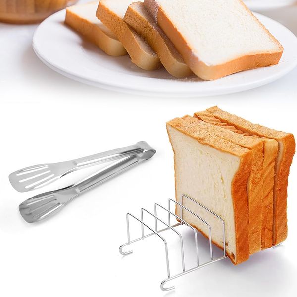 CYNNXIA Toast Rack Stainless Steel Toast Cooling Rack 8 Slice Toast Bread Rack Holder Grid Bread Loaf Slice Stand Rectangle Air Fryer Accessories with Kitchen Tongs Metal Cooking Tongs for Breakfast