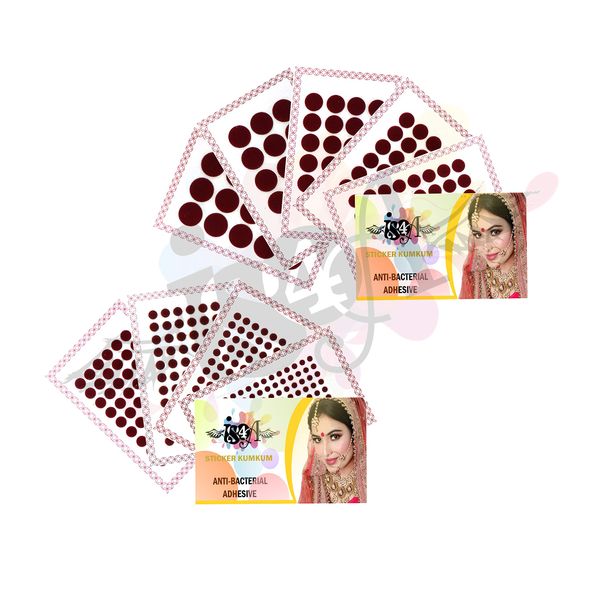 IS4A 447 Multicolored Bollywood Forehead Stickers Adhesive Body Jewelry 9 Cards of Different Sized Tattoo Velvet Bindi Round Dot (Maroon (Deep Red))