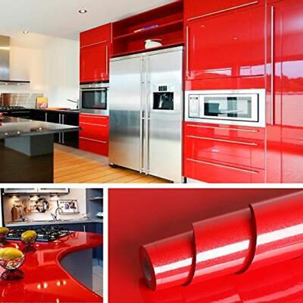 15.8"x197" Wallpaper Peel and Stick Kitchen Cabinet 15.8"W x 197"L Glossy Red