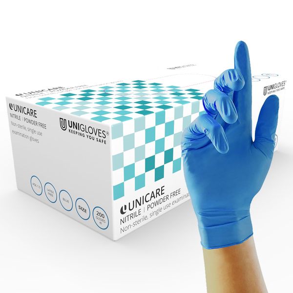 Unigloves Unicare Nitrile Examination Gloves - Multipurpose, Powder Free, Medical Grade Disposable Gloves - Box of 200 Gloves, Blue, Medium (GS0043)