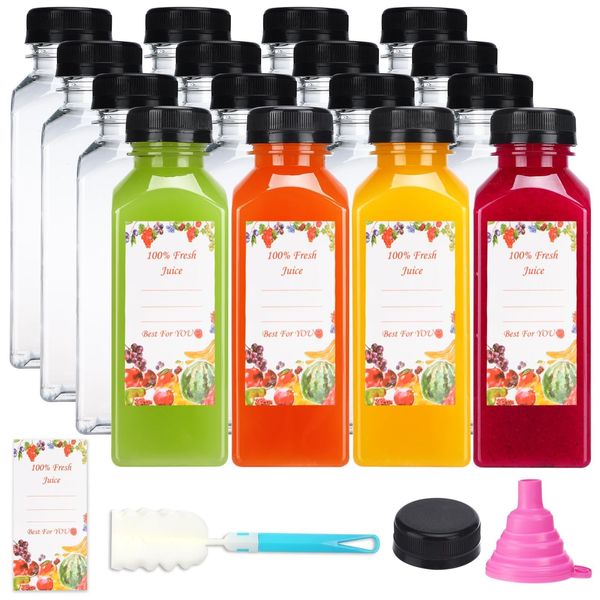 Moretoes Plastic Juice Bottles,16pcs 12oz Juice Bottles with Caps for Juicing Drinking Milkshake Tea and Other Beverages