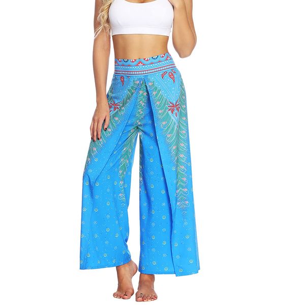 Lu's Chic Women's Boho Pants Wide Leg Palazzo Slit Yoga Workout Palazzo Hippie Beach Pants Pattern3 L/XL