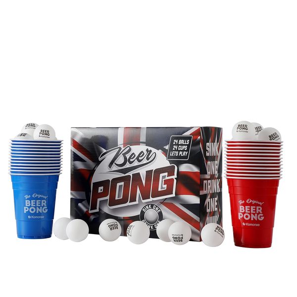 Beer Pong Set 48 PCS Union Jack Colours American Adult Indoor Novelty Party Drinking Game 24 Re-usable Cups and 24 High Bounce Balls Great For GB Great Britain Coronation