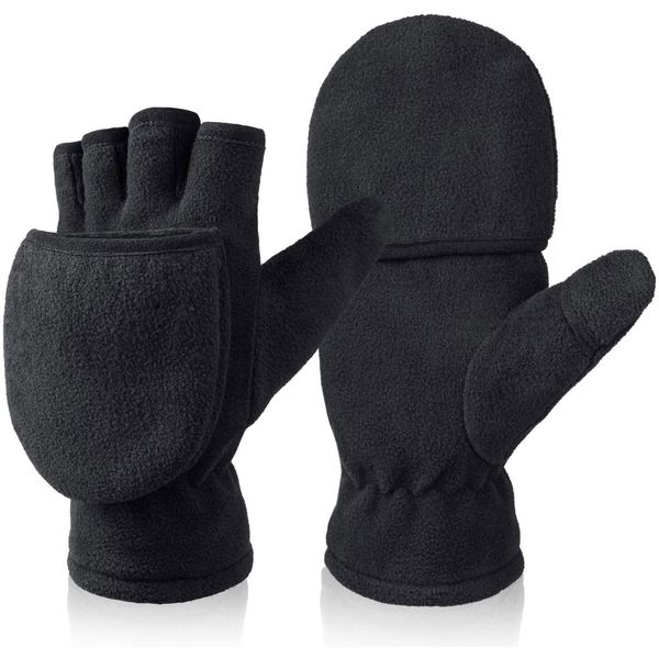 BESSTEVEN Winter Gloves for Women Fingerless Convertible Flip Top Mittens with Thermal Insulation Cotton Warm for Texting Photographing Running Jogging in Cold Weather - Black XS