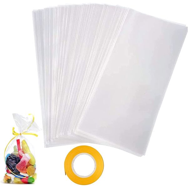 100 Stück Transparente Zellophantüten, 6 x 19 cm Süßigkeiten Tüten Tüten Bonbon Cellophantüten mit 100 Stück Twist Ties Geschenktüten für Schokoladenkekse und Süßigkeiten Partytüten Gastgeschenke