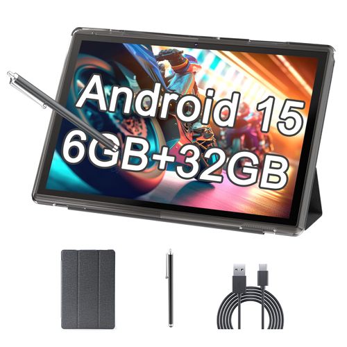Tablet 10 Inch Android 14 Tablets With Case 6GB RAM+32GB ROM+1024GB Expand, 6000mah Battery Tableta, 2MP+8MP Dual Camera WiFi-6 10.1'' IPS HD Touch Screen, Android Tablet Incloud Case Stylus (Black)