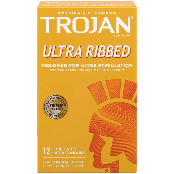 TROJAN Ultra Ribbed Premium Lubricated Condoms, 12 Count