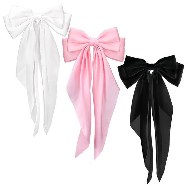 Silky Satin Hair Bows for Women, 3 PCS Big Black Bow White Bow Pink Bow Bowknot Metal Spring Clip Oversized Long Tail Hair Ribbons Ponytail Holder French Barrettes Hair Accessories