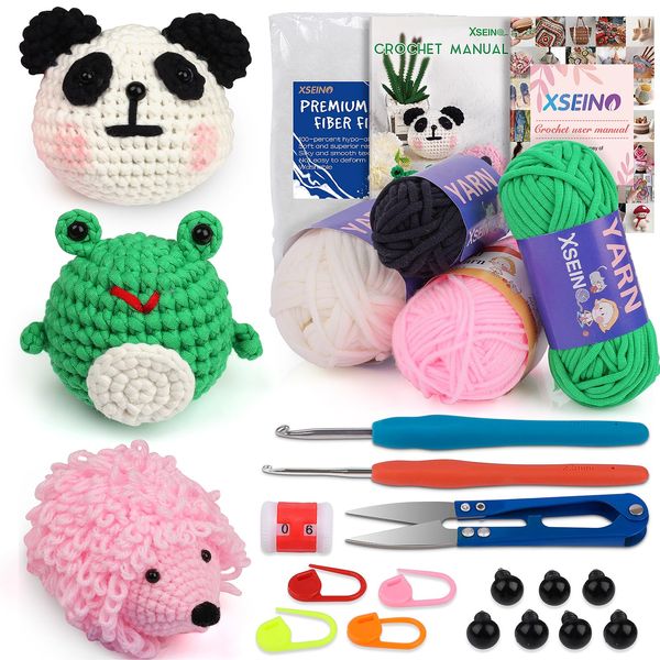 XSEINO Crochet Kit for Beginners - Crochet Start Kit with Step-by-Step Video Tutorials - Learn to Crochet Kits for Adults and Kids - Panda, Frog, Hedgehog