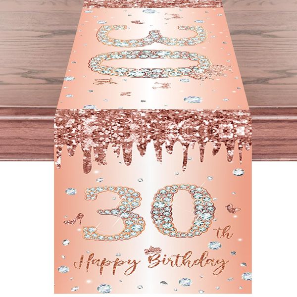 30th Birthday Table Runner Rose Gold Happy 30th Birthday Table Runner for Women Her 30 Years Old Birthday Celebration Party Decorations Non-Slip Dining Table Linen Cover Cloth Decor, 180x35cm Long