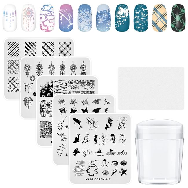 KADS Nail Stamp Plate Set (5 Plates + 1 Stamp + Scraper) Dolphin Hippo Butterfly Christmas Tree Nail Image Plate (Set of 5)