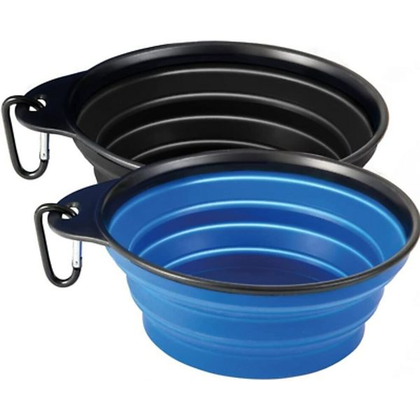 NEW 2 Silicone Portable Collapsible Pet Dog Food Bowl Blue & Black w/ Carabiner