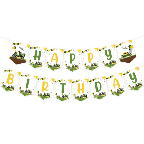 Lawnmower Birthday Party Decorations, Green and Yellow Tractor Happy Birthday Banner, Farm Farmyard Tractor Themed Birthday Party Decor Supplies