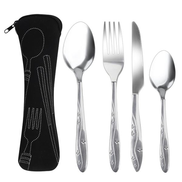 4 Pcs Cutlery Set with Portable Pouch Case, Stainless Steel Knife and Fork Flatware Set Camping Utensil Set for Picnic School Office Mirror Polished Dishwasher Safe(Black)