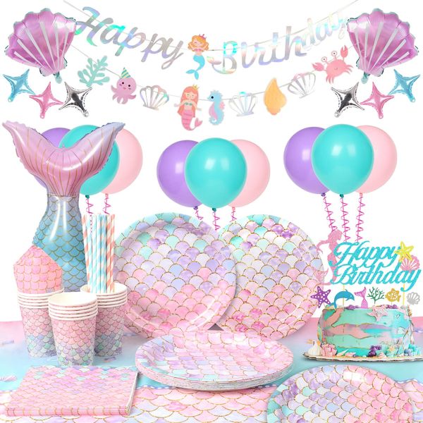 Mermaid Party Tableware Set 94pcs Mermaid Party Supplies Mermaid Birthday Party Paper Plates Cups Napkins Table Cloth Birthday Banner Balloons Mermaid Birthday Party Decorations Supplies for Girls