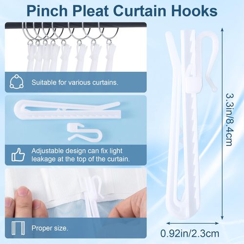 CustomyLife 60pcs Plastic Curtain Pleat Hook, Adjustable Ratchet System Pinch Pleat Hook, Detachable Drapery Pin Hooks for Shower Curtain Home Hotel Bed Room-White