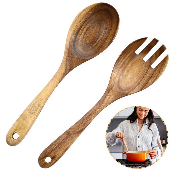 LWZko 2 Pieces Wooden Salad Servers, Wooden Spoon Fork, Wooden Salad Spoon And Fork Set, Wooden Salad Spoon, Natural Acacia Wood Portable Handmade Salad Fork Spoons for Salad Making, Kitchen Utensil