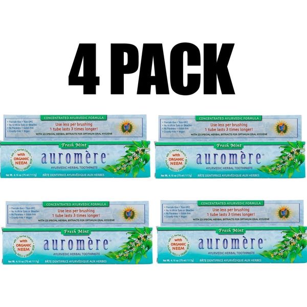 Auromere, Ayurvedic Herbal Toothpaste, Fresh Mint, 4 PACK, 4.16 oz each