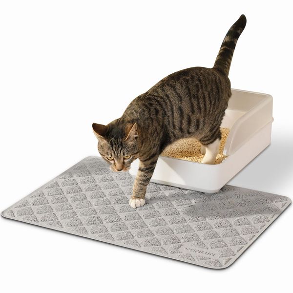 Conlun Cat Litter Mat Litter Trapping Mat, 61 x 43cm Premium Durable PVC Cat Litter Tray Mat with Scatter Control, Less Waste, Non-Slip Litter Box Mat, Soft on Kitty’s Paws, Urine Waterproof, Grey