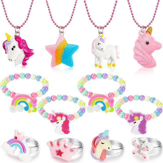 Yaomiao 12 Stück Kinder Schmuck Set Mädchen Einhorn Perlen Halsketten Armbänder Verstellbar Ringe mit Einhorn Regenbogen Stern Anhänger Einhorn Freundschaftsschmuck für Mädchen Kostüm Party Mitgebsel