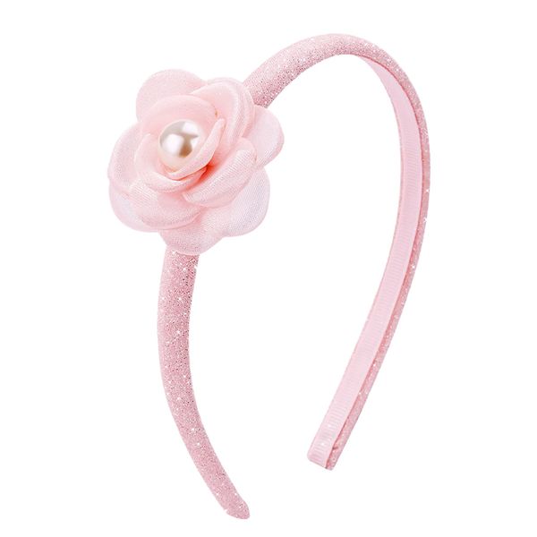 Beleki Glitter Headband for Girls, Flower Camellia Headband with Pearl Design, Handmade Non Slip Hairband Boutique Hair Bnad Sparkle Head Bands Pink Hair Accessories for Toddler Girls Kids Teens