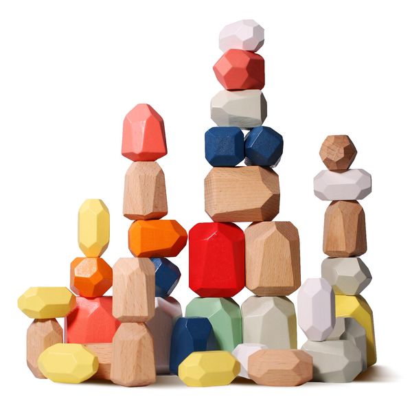 MTTIERY 36 PCS Wooden Block Sorting Stacking Rocks Montessori Blocks Sensory bin Toys Balancing Stones Preschool Learning Educational Stacking Stones for Toddlers 1-3