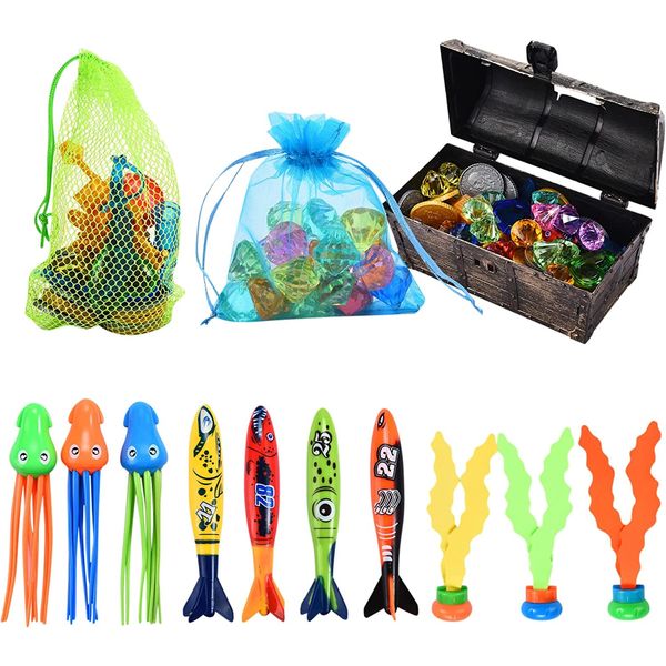 Diving Pool Toys - Swimming Pool Toys for Kids with Treasure Chest - Torpedo Water Toys Package for Pool Training - Bath Toys for Kids and Children - Suitable for Indoor and Outdoor Activities