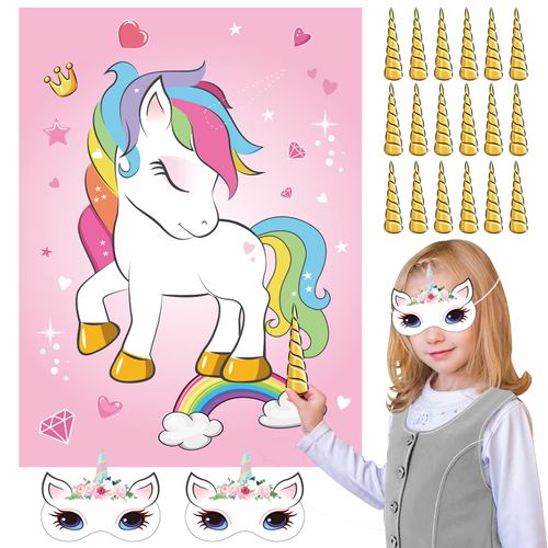 NEBURORA Pin The Horn on The Unicorn Birthday Party Game with 30 Horns for Unicorn Party Supplies Favors Girls Rainbow Party Decorations Home Wall Decor