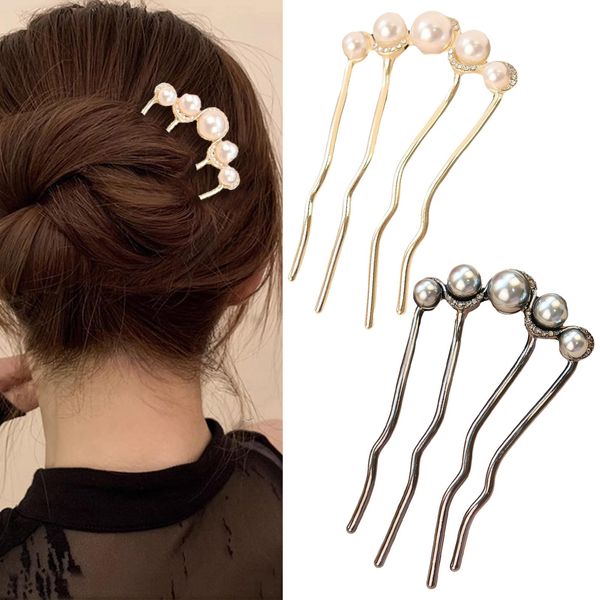 2 Pcs Pearls Twist Hair Pins Metal Hair Side Combs French Twist Hair Pins Pearls Fork Clip Pearl Hair Pins Accessories for Wedding Brides Women (A)