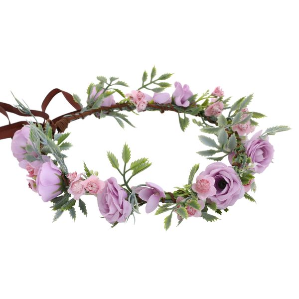 KorViSHOW Girl Purple Flower Crown - Traditional Round Rose Headband Elegant Headband Purple Flowers And Green Leaves Accessories Renaissance Festival Birthday Party Headband Wedding Shoot