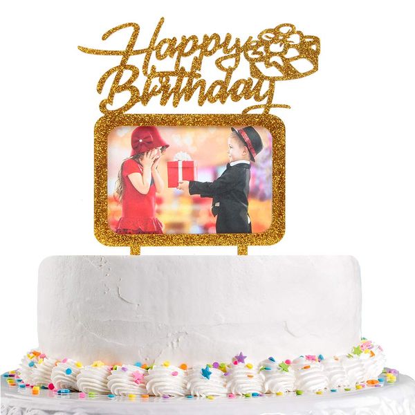 Gold Happy Birthday Cake Topper with Photo Frame,Girl Boy Woman Man Birthday Photo Picture Cake Topper, Birthday Theme Party Cake Decorations