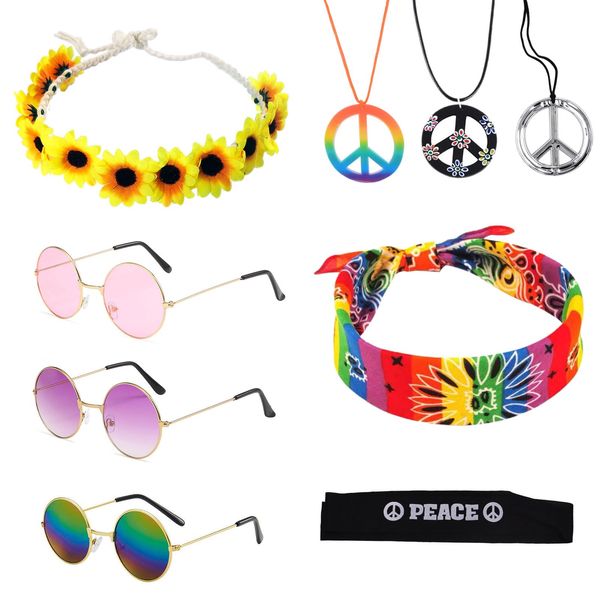 TSHAOUN 9 Pcs Hippie Costume Set,Including Round Sunglasses Peace Sign Necklace Sunflower Necklace and Colorful Hippie Headband for 70s 80s Retro Hippie Dressing Accessories Party Supplies (9 Pcs)