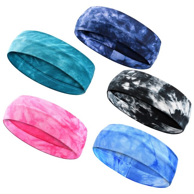 Vesaneae 5 Stück Sport Stirnband Set für Damen Herren, Tie Dye Baumwolle Stretch Kopfband, rutschfeste Leichte Haarband, Feuchtigkeit Wicking Schweißband für Yoga, Jogging, Radfahren, Fitness