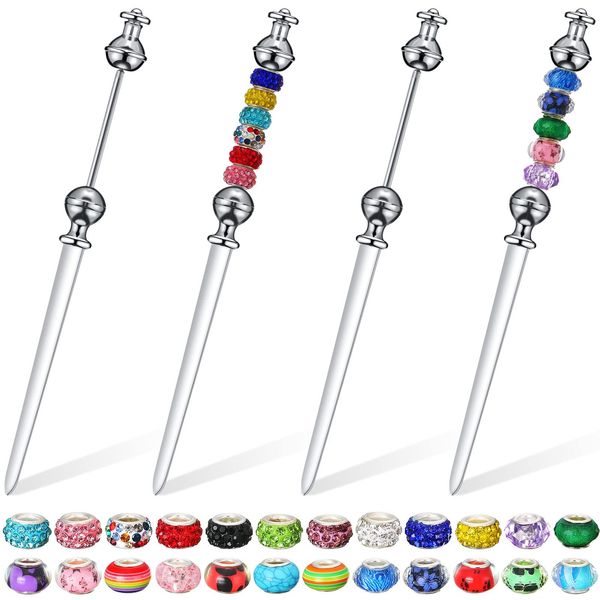 Crtiin 4 Pcs Beaded Letter Opener Envelope Letter Openers with 24 Assorted Large Hole Beads Beadable Letter Opener Stainless Steel Envelope Opener Slitter for DIY Office Gift Home Supplies(Silver)