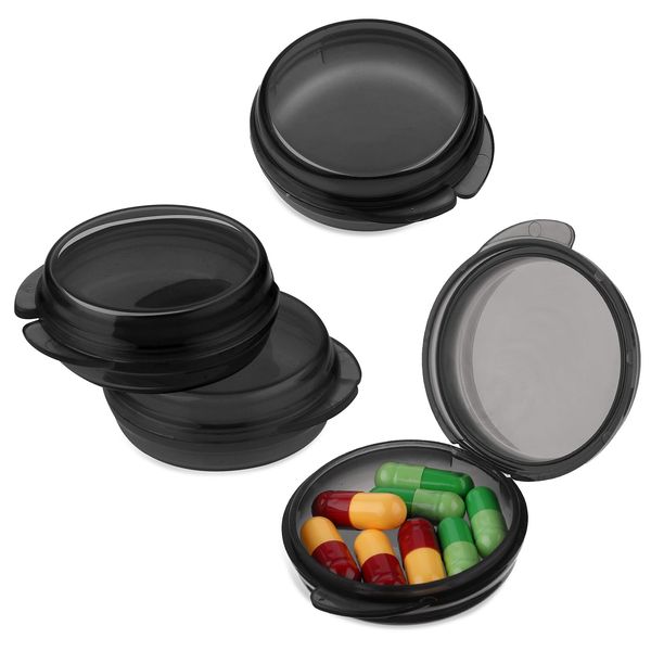 WLLHYF Small Pill Box, Cute Pill Case Portable for Pocket Purse Daily Round Mini Pill Organizer Travel Pill Case Medicine Storage Container Earplug Case 4 Pack (4pcs-Black)