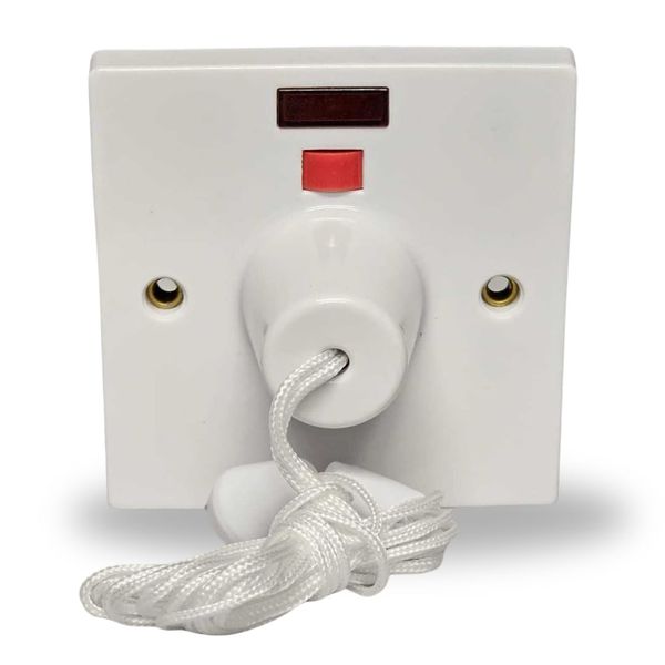 Mr.Gadget's Solutions 45 Amp Electric Shower Ceiling Switch with Pull Cord, Double Pole Isolator with Neon Indicator White