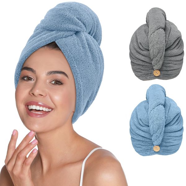 YFONG Microfiber Hair Towel Wrap for Women Curly Long Hair, 2 Pack Super Absorbent Hair Plopping Towel Curly for Wet Hair, Stocking Stuffers for Women(Gray, Blue)