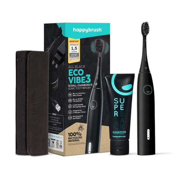 happybrush [Testsieger*] Elektrische Zahnbürste ECO VIBE 3 Starterset - Schallzahnbürste mit 6 Wochen Power-Akku inkl. Aktivkohle Zahnpasta, Reiseetui schwarz, von Zahnexperten empfohlen