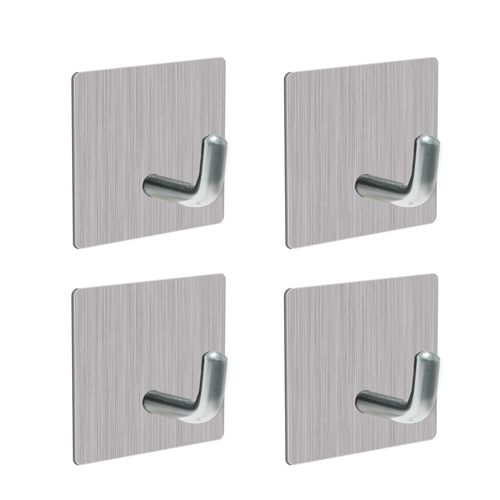 XIANG YXWO Adhesive Towel Hooks for Hanging 4 Pack, Sticky Silver Metal Hooks, No Damage Wall Hooks, Waterproof Shower/Coat/Robe/Clothes Hooks for Bathroom, Kitchen, Bedroom