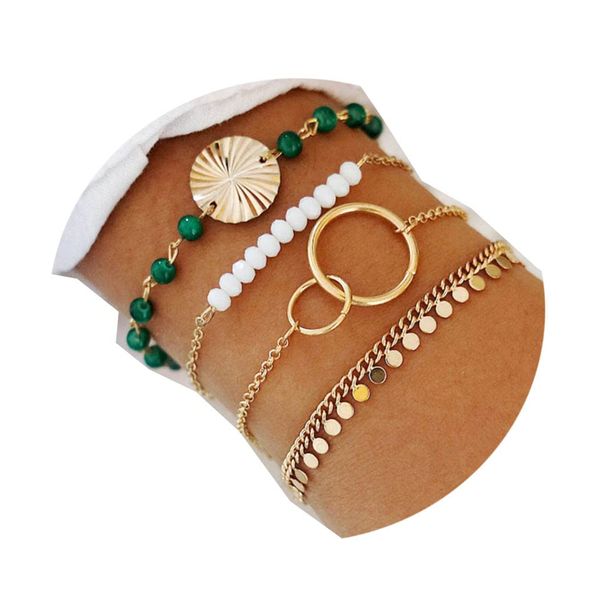 Jovono Boho Layered Beaded Bracelets Gold Circle Bracelet Sets Tassel Hand Chains Sequins Hand Jewelry for Women and Girls(4 Pcs)