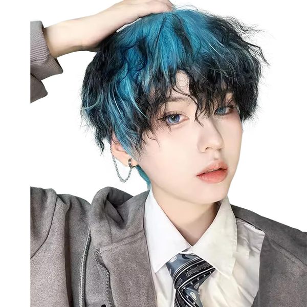 Hawkko Men's Short Wig, Inner Color Wig, Full Wig, Gradient, Curl, Men's Wig, Black, Black Hair, Wig, Curly Hair, Harajuku, Short Hair, Wig, Handsome, Men's, Natural, Small Face, Heat Resistant,